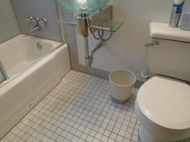 Small white and gray tile that has dirty grout, water spotting, mold growth.
