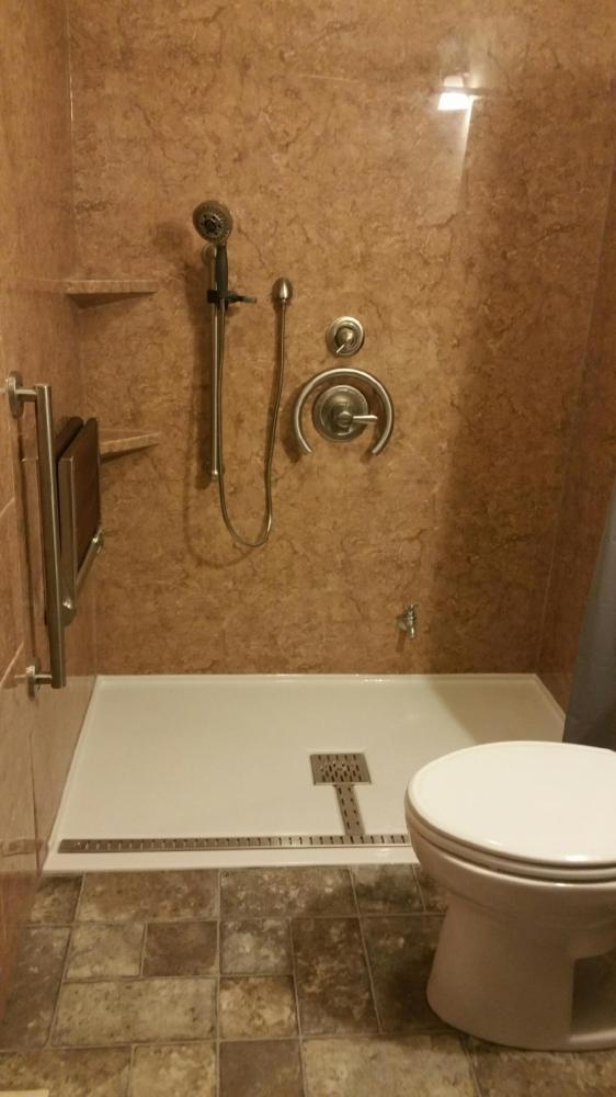 Wheel Chair Accessible Base With Trench Drain, Seat, And Grab Bars.