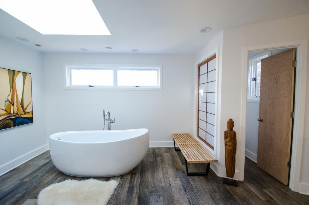 Free-standing tub, bench, skylights, asian theme, tile plank flooring