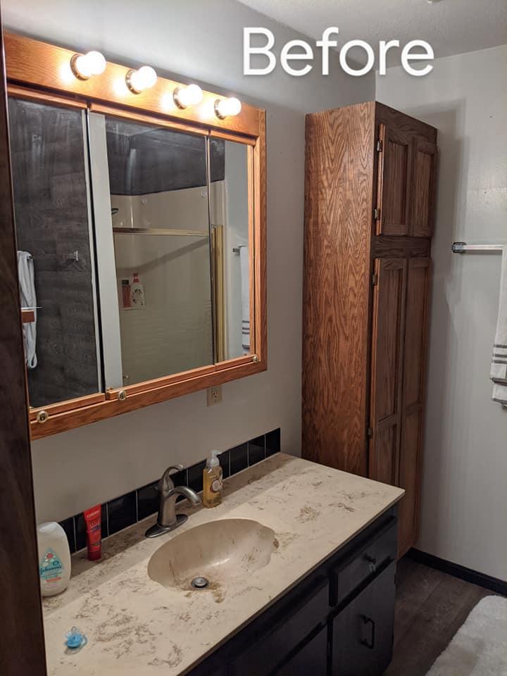 Before Re-Bath Great Bend, KS renovation. The cabinets in this bathroom were all different finishes/colors.