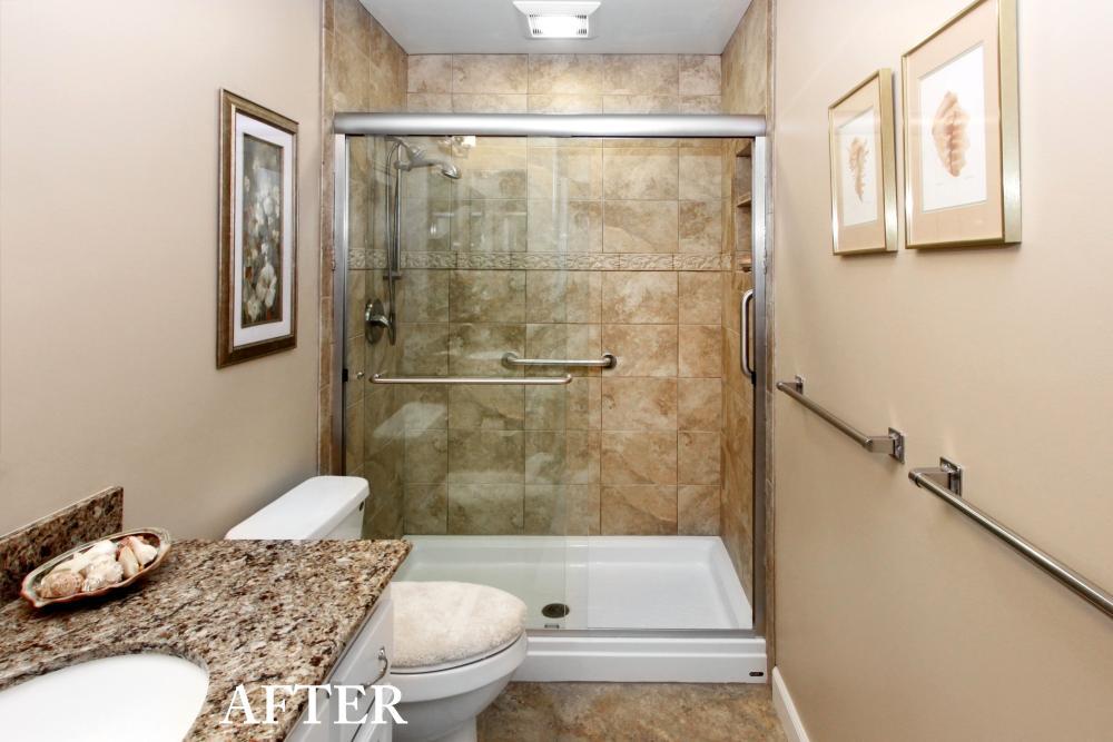 After Re-Bath Bay Area, CA renovation took the bland and boring bathroom and transformed it into a spa featuring a large walk in shower in stone, a granite counter top and updated flooring.