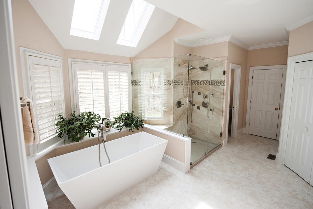 After Re-Bath Myrtle Beach, SC renovation with Garden tub replaced with freestanding tub, and tacky shower stall replaced with state of the art natural stone shower