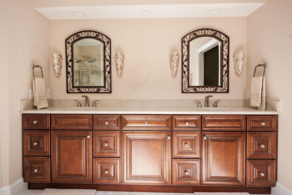 Took out the large mirror, added a custom wood vanity