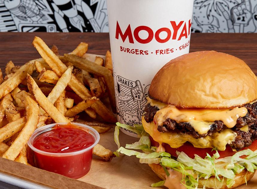 Image of MOOYAH burger, fries and drink