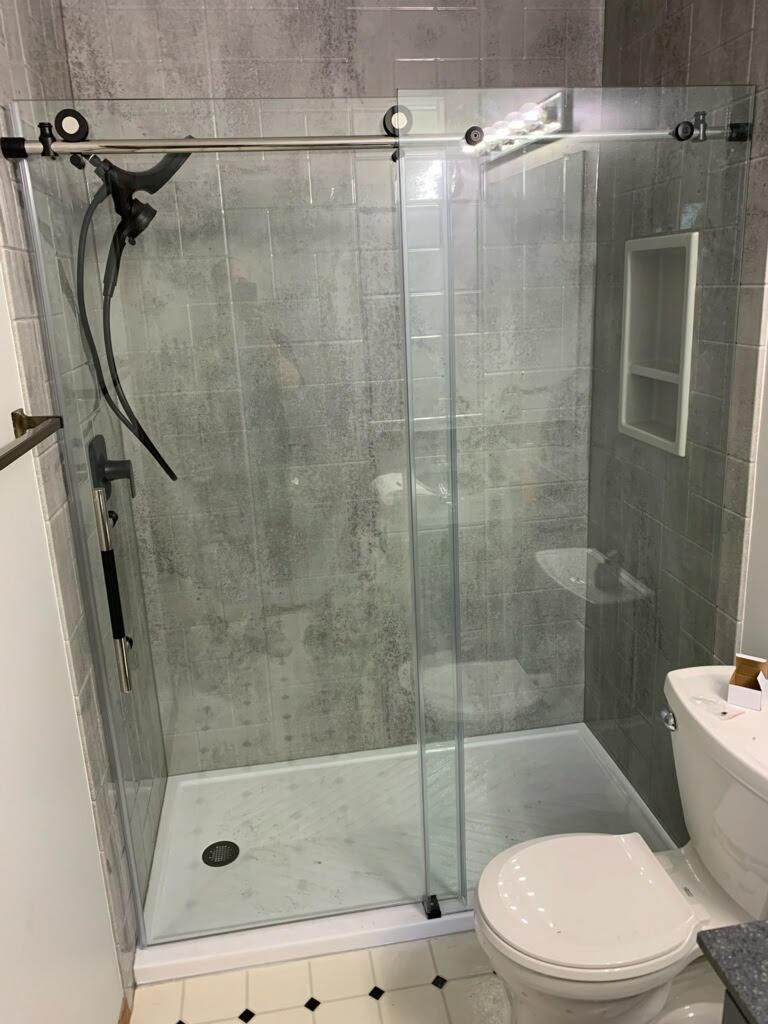 Updated Walk In Shower With Grey Tile Wall After 